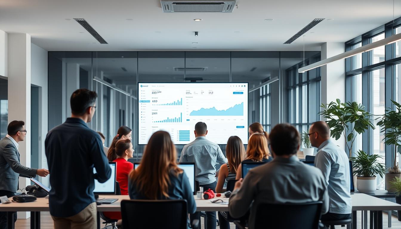 A busy office scene, showcasing the efficiency of a group buy service. In the foreground, a team of professionals collaborates seamlessly, reviewing data and strategizing. Midground, a large monitor displays real-time metrics, visualizing the impact of the group buy. The background features a sleek, modern workspace with minimalist decor, subtle lighting, and expansive windows, creating a sense of productivity and collaboration. The overall atmosphere conveys a streamlined, innovative approach to group buying that sets Toolsurf apart from traditional reseller models.