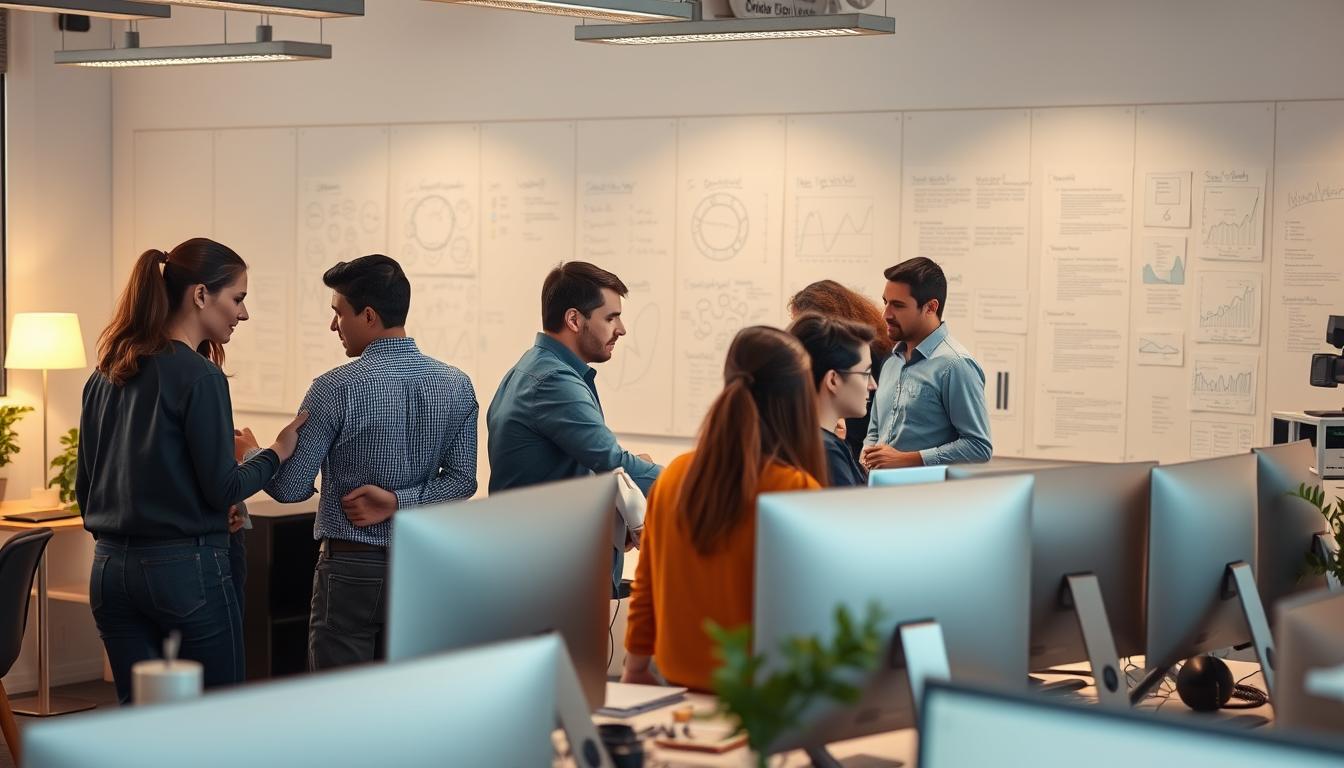 A busy office scene with a group of professionals collaborating on search engine optimization (SEO) tools. In the foreground, a team huddled around a large monitor, analyzing data and discussing strategies. Sleek, modern workstations in the middle ground, with colleagues exchanging ideas and brainstorming. In the background, a wall of whiteboards covered in notes and diagrams, conveying the collaborative nature of the group buy SEO process. Warm, focused lighting illuminates the scene, creating a productive and engaging atmosphere. Subtle hints of the tools and software they're using, suggesting the technical expertise of the group.