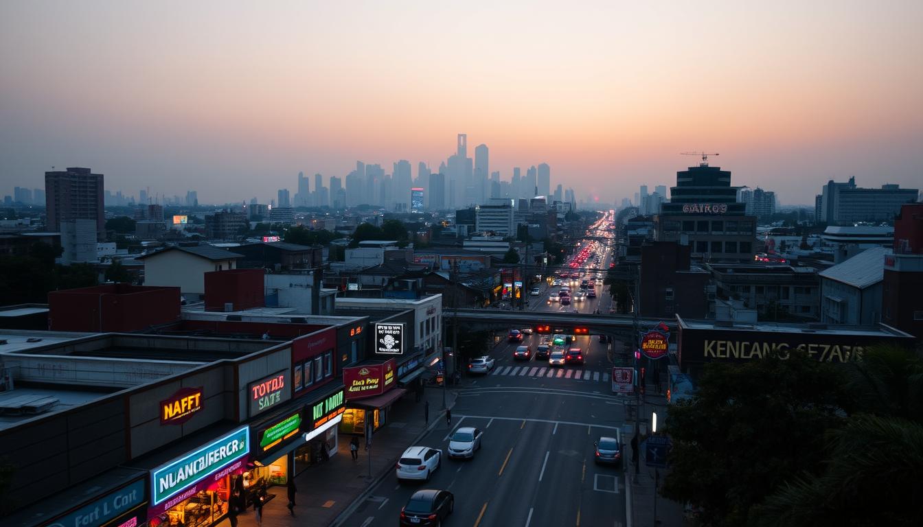 A cityscape at dusk, with a bustling urban landscape in the foreground. Neon-lit storefronts, cafes, and local businesses line the streets, creating a vibrant and energetic atmosphere. In the middle ground, a network of roads and intersections, with cars and pedestrians navigating the local traffic. In the background, a hazy skyline with towering skyscrapers, reflecting the warm glow of the setting sun. The scene captures the essence of local activity, with a focus on the interconnected nature of businesses and their surrounding communities.