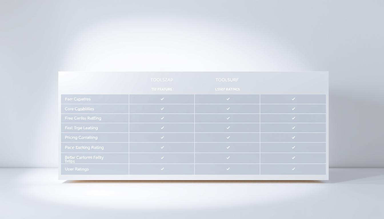 A clean, minimalist comparison table showcasing the key features and functionalities of the SEO tools Toolszap and Toolsurf. The table is positioned on a neutral, light-colored background, illuminated by soft, diffused lighting to create a professional, informative atmosphere. The table's columns neatly display the tools' names, their core capabilities, pricing options, and user ratings, allowing for a clear, side-by-side evaluation. The overall composition emphasizes the comparative nature of the subject, guiding the viewer's attention to the essential details needed to make an informed decision.