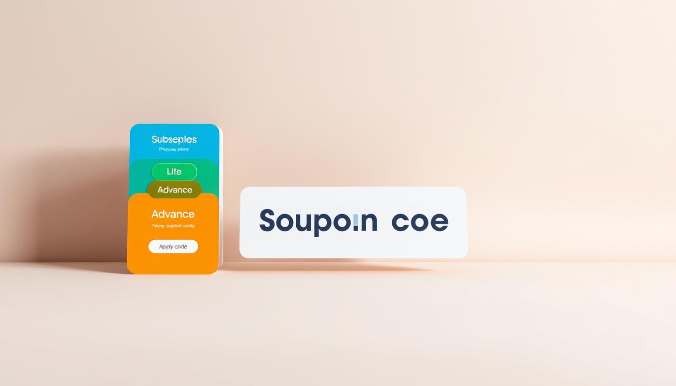 A clean, minimalist layout showcasing different pricing plans and a coupon code against a soft, muted background. In the foreground, three stacked, rounded pricing cards in shades of blue, green, and orange, each highlighting a different subscription tier - Lite, Pro, and Advance. The middle ground features a prominent coupon code box, clean and uncluttered, inviting the viewer to apply a discount. The background is a gentle gradient, creating a sense of depth and focusing attention on the key elements. Lighting is soft and natural, with a hint of shadows adding depth. The overall mood is professional, informative, and visually appealing. Alt-text: plans pricing coupon