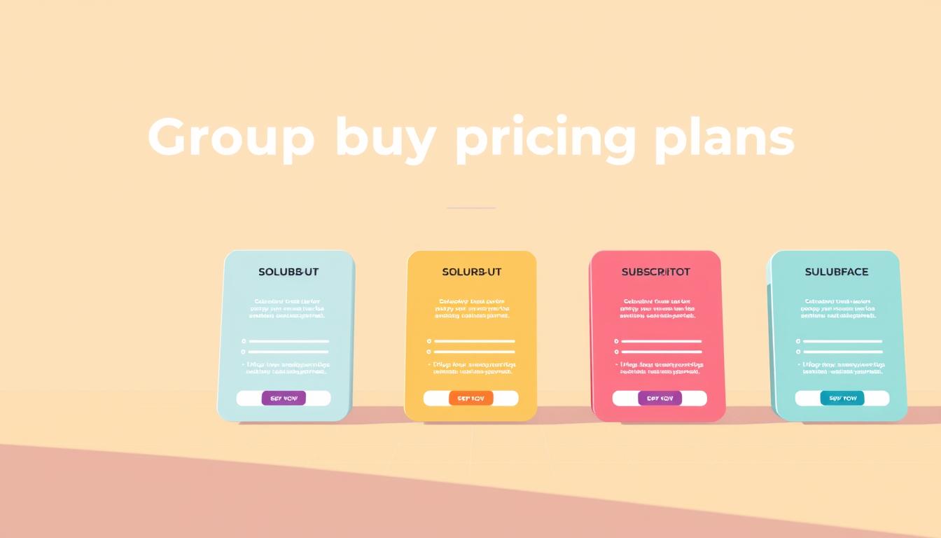 A clean, minimalistic illustration of group buy pricing plans. In the foreground, a set of colorful, neatly arranged pricing cards showcasing different subscription tiers with clear, easy-to-understand details. The middle ground features a subtle grid pattern, representing the structure and organization of the plans. The background is a soft, muted gradient, creating a calming, professional atmosphere. Warm, directional lighting casts gentle shadows, emphasizing the three-dimensional quality of the elements. The overall composition conveys a sense of affordability, flexibility, and transparency, in line with the section title.