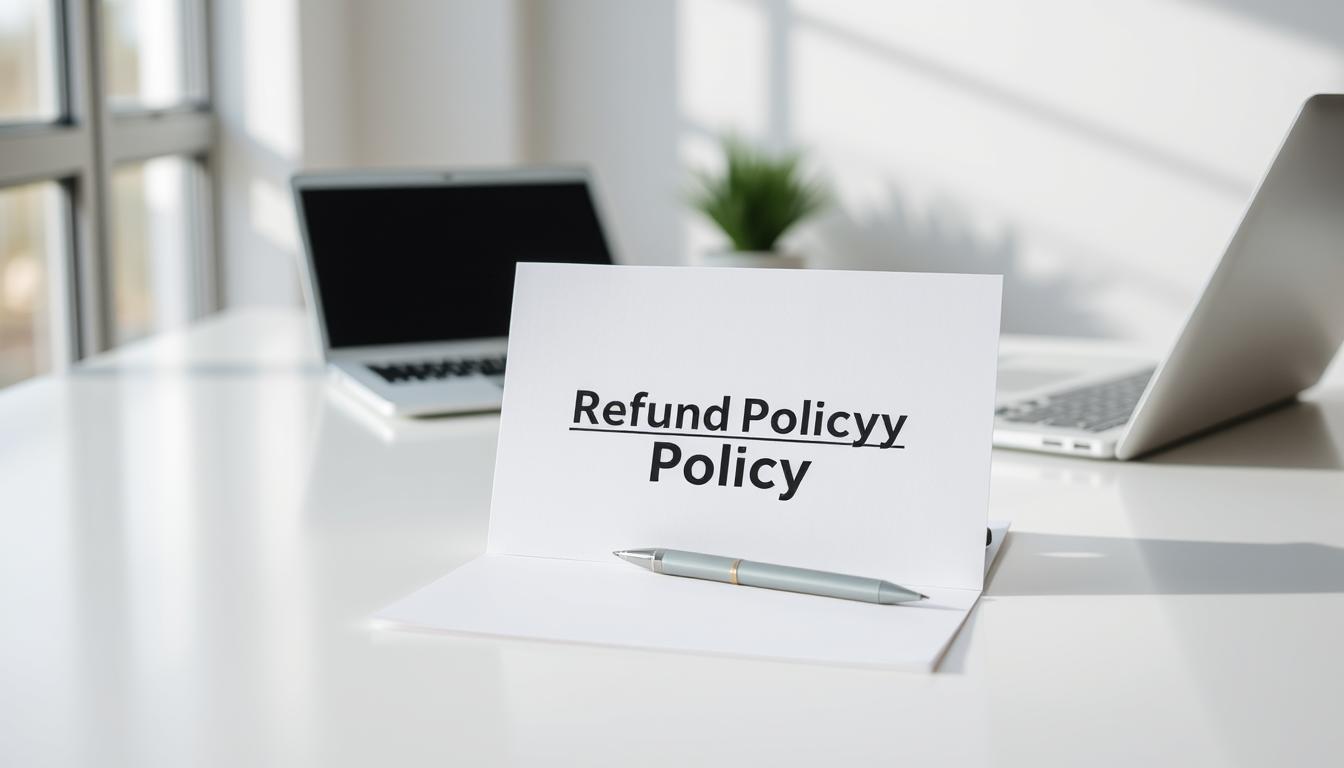 A clean, modern office desk with a laptop, pen, and a folder labeled "Refund Policy". Bright, natural lighting floods the scene, creating a professional and inviting atmosphere. The folder stands out as the focal point, subtly conveying the importance of the subject matter. The overall composition is balanced and visually appealing, guiding the viewer's attention to the key element of the "Refund Policy". The image should evoke a sense of transparency, reliability, and customer-centric service.