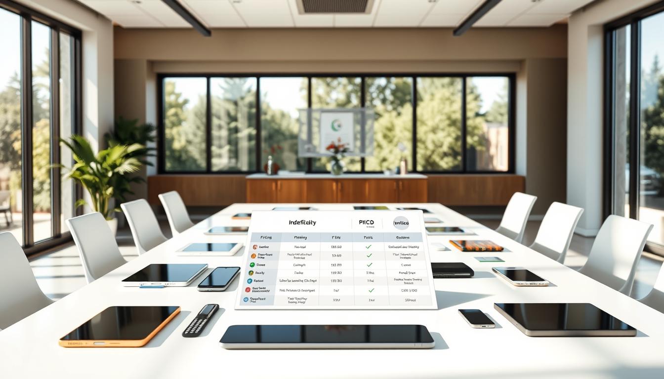 A clean, modern office interior with a large, centrally-placed table showcasing various digital devices, tablets, and smartphones. On the table, a clear infographic presents pricing plans and subscription options for an indexification group buy program, with clean typography, simple color schemes, and intuitive icons. Natural light floods the space through large windows, creating a bright, airy atmosphere. The scene conveys a sense of professionalism, accessibility, and digital savvy, tailored to the article's subject matter. pricing indexification group buy