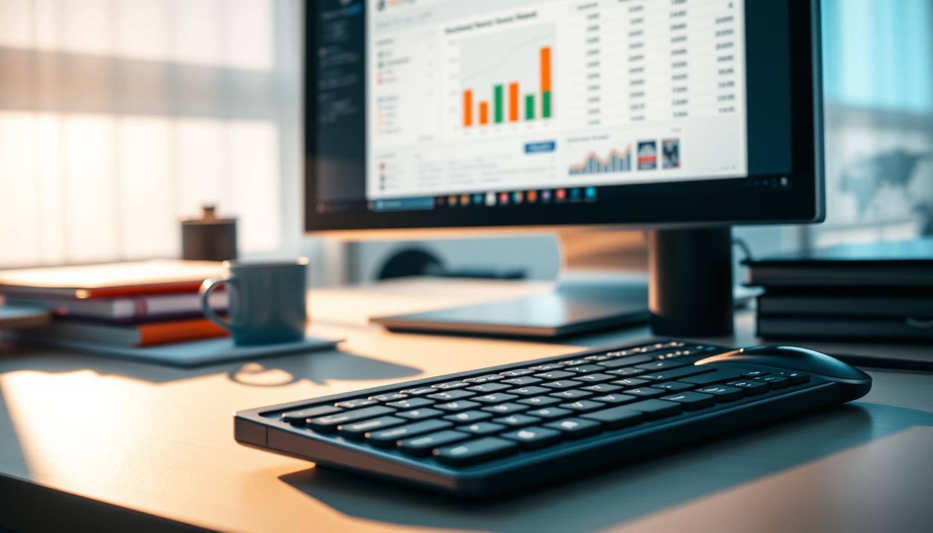 A close-up shot of a neatly organized workspace, showcasing a sleek desktop monitor displaying SEO group buy tool comparison metrics. In the foreground, a precision-engineered keyboard and a high-end mouse sit atop a minimalist desk, casting soft shadows under warm, directional lighting. The middle ground features carefully arranged folders, notepads, and a stylish coffee mug, hinting at the meticulous analysis and strategic planning taking place. The background is blurred, creating a sense of focus and depth, drawing the viewer's attention to the central display and the tools of the SEO professional's trade. Alt-text: SEO group buy tools comparison