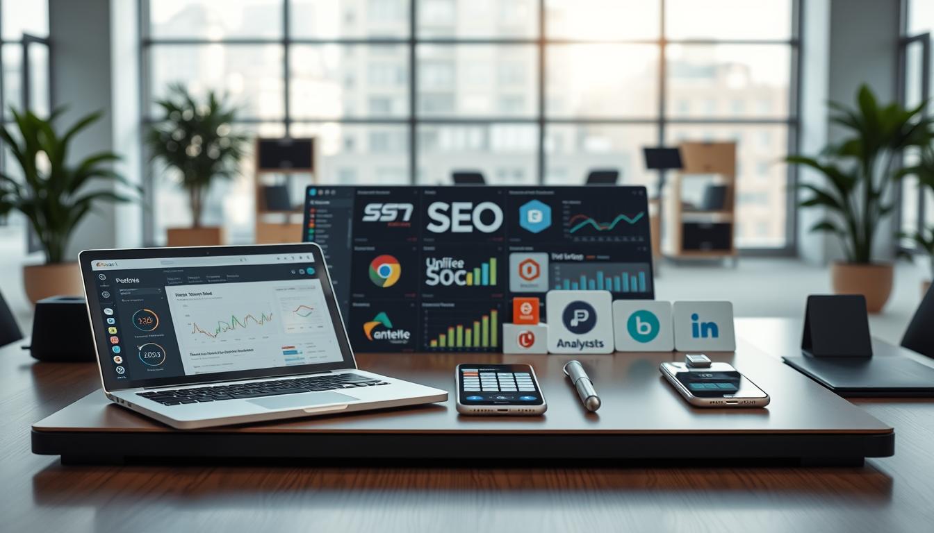 A close-up view of a premium set of digital marketing tools, meticulously arranged on a sleek, minimalist desk. The foreground features an array of high-end devices, including a laptop, a tablet, and a smartphone, all showcasing intricate, futuristic user interfaces. The middle ground showcases a collection of state-of-the-art SEO and analytics software, their logos and branding prominently displayed. In the background, a clean, modern office environment sets the stage, with large windows allowing natural light to flood the scene, creating a sense of openness and innovation. The overall mood is one of sophistication, efficiency, and the cutting edge of digital marketing technology. Alt-text: Premium tools access