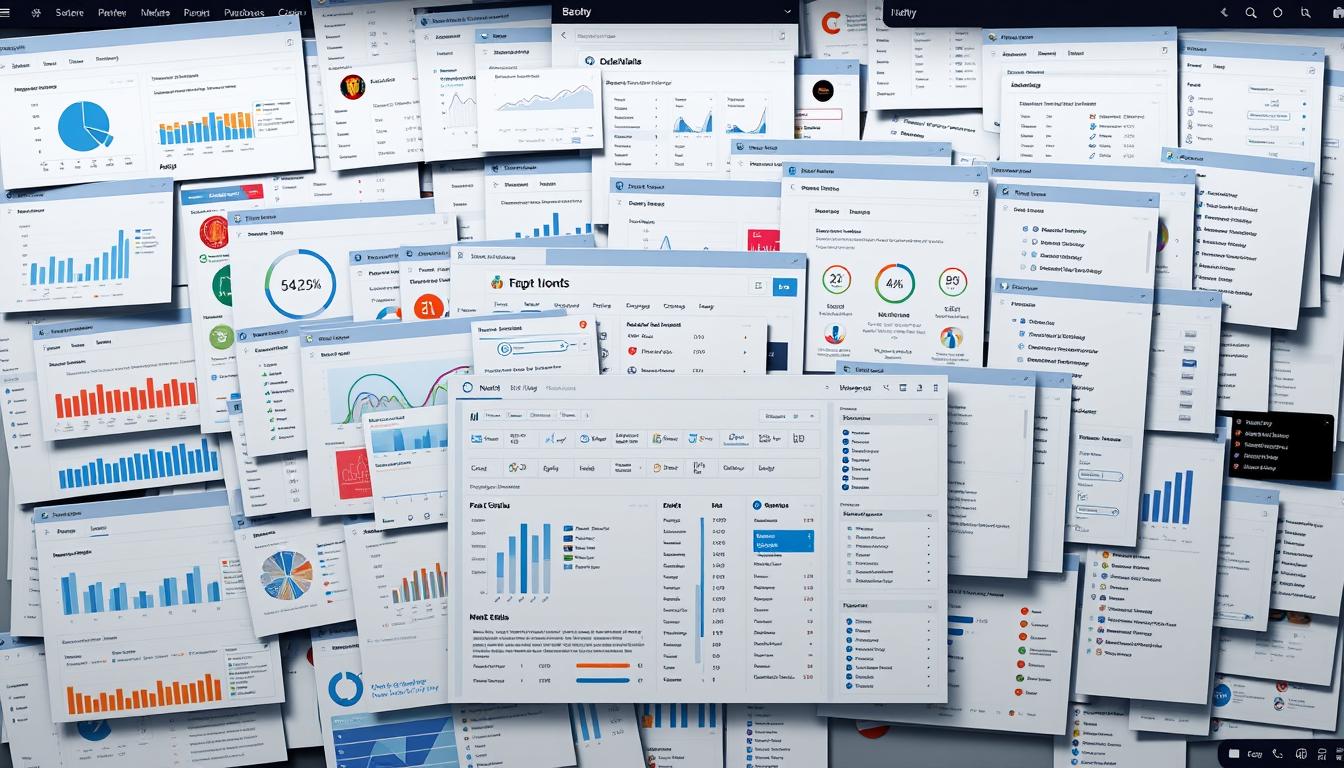 A cluttered and confusing user interface with overlapping windows, inconsistent layouts, and unclear navigation. The foreground displays a complex dashboard with numerous graphs, charts, and data visualizations, all vying for attention. The middle ground features a prominent search bar and various filtering options, while the background showcases a chaotic arrangement of toolbars, menus, and settings panels. The overall atmosphere conveys a sense of information overload and disorganization, highlighting the challenges users may face when attempting to utilize the NoxTools group buy platform effectively.