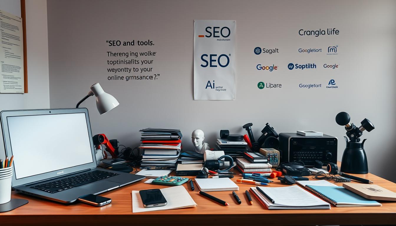 A cluttered desk with an array of SEO and AI tools, including a laptop, smartphone, notepad, and various digital and physical tools. The desk is illuminated by a warm, diffused lighting, creating a cozy and focused atmosphere. In the background, a minimalist wall showcases inspirational quotes and industry logos, hinting at the professional and cutting-edge nature of the tools. The overall composition suggests a workspace dedicated to leveraging technology for optimizing online presence and driving digital success. SEO and AI Tools Collection