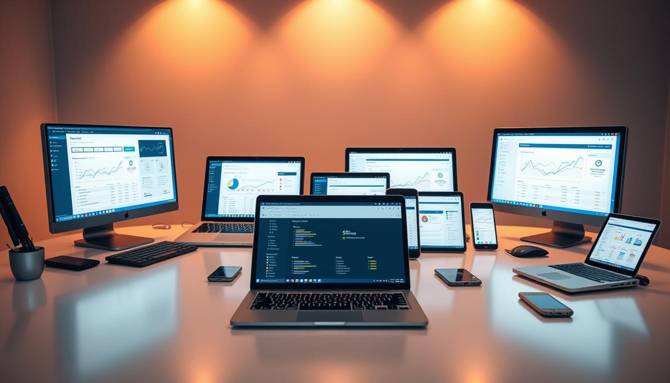A collection of premium SEO tools neatly arranged on a sleek, modern desk. In the foreground, high-quality software and apps are displayed, their interfaces showcasing detailed analytics and optimization features. The middle ground features various devices - laptops, tablets, and smartphones - demonstrating the tools' cross-platform compatibility. The background is a minimalist, well-lit workspace, creating a professional, technology-focused atmosphere. Warm lighting casts a subtle glow, highlighting the premium nature of the tools. The scene conveys efficiency, productivity, and the comprehensive nature of the Toolsurf SEO toolkit.