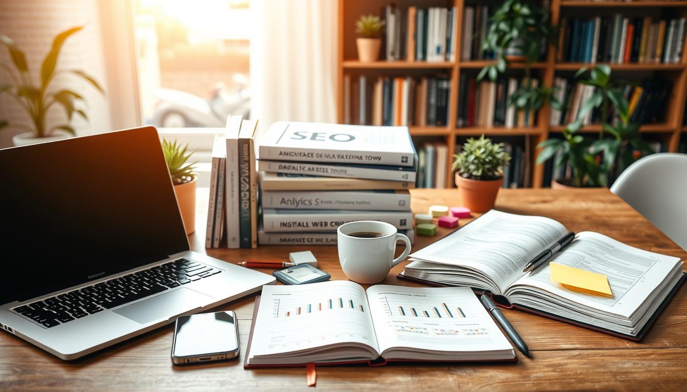 A collection of various SEO tools arranged on a wooden table, bathed in soft, natural lighting. In the foreground, a laptop, a smartphone, and an open notebook with analytics data. In the middle ground, a stack of books on digital marketing, a cup of coffee, and a few colorful sticky notes. The background features a bookshelf filled with SEO-related resources, complemented by a few potted plants to create a cozy, professional workspace. The overall mood is one of focused productivity and a dedication to improving online visibility.