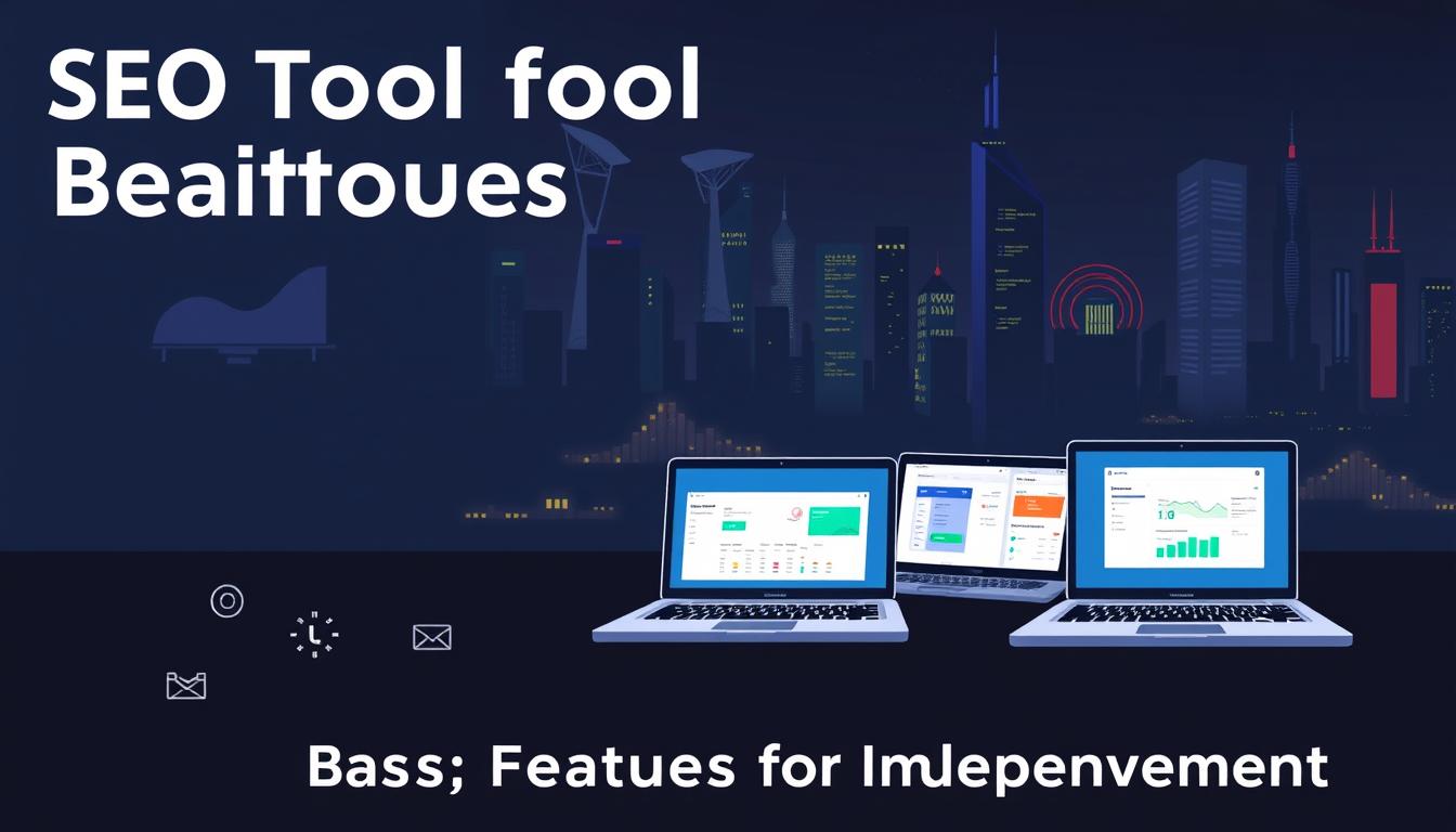 A comprehensive SEO tool features comparison in a stylized, technical illustration. The foreground showcases various SEO metrics and data points in clean, minimalist icons against a dark, moody backdrop. The middle ground features several laptop screens displaying different SEO tool dashboards, each with a distinct color palette and interface design. The background has a futuristic, neon-lit cityscape with towering skyscrapers, hinting at the scale and complexity of modern digital marketing. Crisp lighting, sleek angles, and a sense of depth create a visually striking, informative image to illustrate the Pitorr: Basic Features and Areas for Improvement section. Prompt