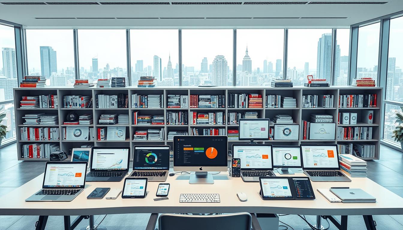 A comprehensive SEO tool library, spanning a diverse array of industry-leading platforms. In the foreground, a sleek, modern workstation showcases a collection of laptops, tablets, and mobile devices, each displaying a different SEO tool interface. The middle ground features neatly organized shelves, brimming with reference books, reports, and software packages, while the background depicts a minimalist, well-lit office space with large windows overlooking a bustling cityscape. The scene conveys a sense of professionalism, productivity, and a deep understanding of the comprehensive suite of SEO tools available to the discerning digital marketer.