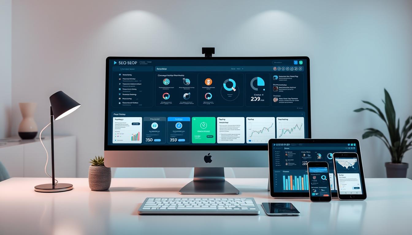 A comprehensive SEO toolset is displayed in a sleek, modern desktop setup. In the foreground, a high-resolution monitor showcases a suite of intuitive SEO tools, each with a distinct interface and functionality. The middle ground features a stylish laptop, tablet, and smartphone, all seamlessly integrated into the workflow. The background depicts a minimalist office environment with clean lines, subtle lighting, and a calming color palette. The overall scene conveys professionalism, efficiency, and the power of a well-designed, all-inclusive SEO solution.