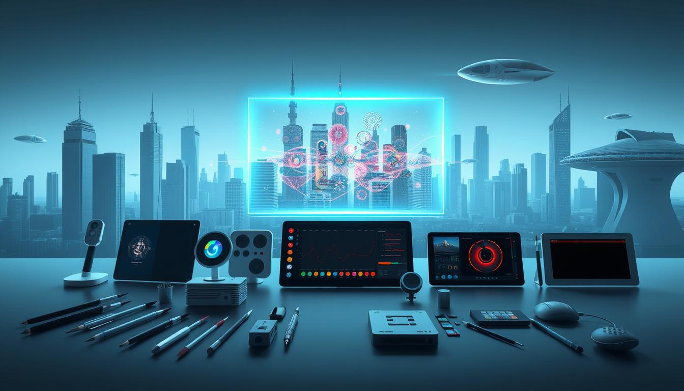 A comprehensive suite of AI creative tools against a sleek, futuristic backdrop. In the foreground, a stylized array of digital art brushes, 3D modeling software, and audio editing apps float in a minimalist, monochromatic environment. The middle ground features a holographic display showcasing vibrant, AI-generated artwork and soundwaves, illuminated by cool, directional lighting. In the background, a cityscape of towering, angular skyscrapers and sleek, hovering transport pods create an atmosphere of advanced, cutting-edge technology. The overall mood is one of innovation, creativity, and the seamless integration of artificial intelligence into the creative process. Alt-text: AI creative tools suite