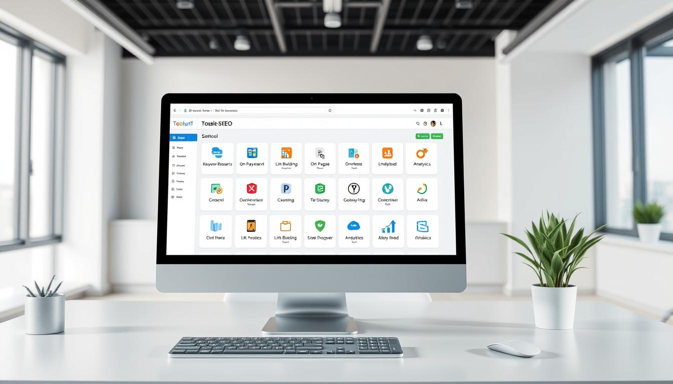 A comprehensive visualization of SEO tool categories, showcasing Toolsurf's diverse offerings. A sleek, modern desktop setup in a well-lit, minimalist office environment. On the screen, a neatly organized UI displays various SEO tool categories, including Keyword Research, On-Page Optimization, Link Building, and Analytics. The layout is clean and intuitive, with clearly labeled icons and sections. The overall tone is professional, efficient, and user-friendly, reflecting Toolsurf's commitment to providing advanced yet accessible SEO solutions. The scene conveys a sense of productivity and innovation, setting the stage for the article's exploration of Toolsurf's feature-rich ecosystem.