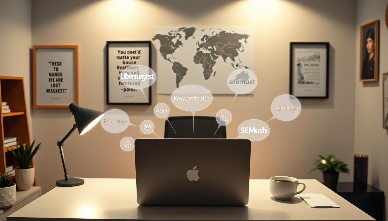 A cozy home office setup with a clean, minimalist aesthetic. On the desk, a laptop, a cup of coffee, and several digital marketing tools displayed as holographic icons, including Ubersuggest, Keywordtool.io, and SEMrush. The walls are adorned with framed inspirational quotes and a map of the world, hinting at the global reach of these budget-friendly alternatives to Ahrefs. Soft, indirect lighting creates a warm, focused atmosphere, perfect for productive research and analysis. The overall mood is one of efficiency, creativity, and a touch of whimsy, reflecting the versatility and accessibility of these Ahrefs alternatives.