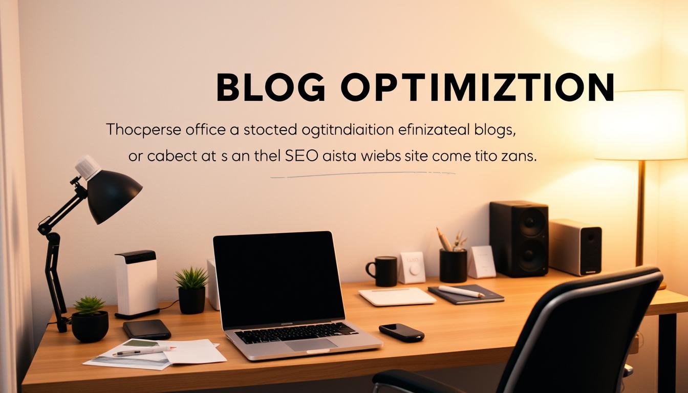 A cozy home office setup with a minimalist desk, a laptop, and various blog optimization tools arranged neatly. Soft, warm lighting illuminates the scene, creating a productive and inviting atmosphere. In the background, a stylized graphic of a growth chart or website analytics dashboard provides a subtle visual cue to the SEO-focused theme. The overall composition conveys a sense of efficiency, organization, and the empowerment of bloggers through affordable access to powerful digital tools.