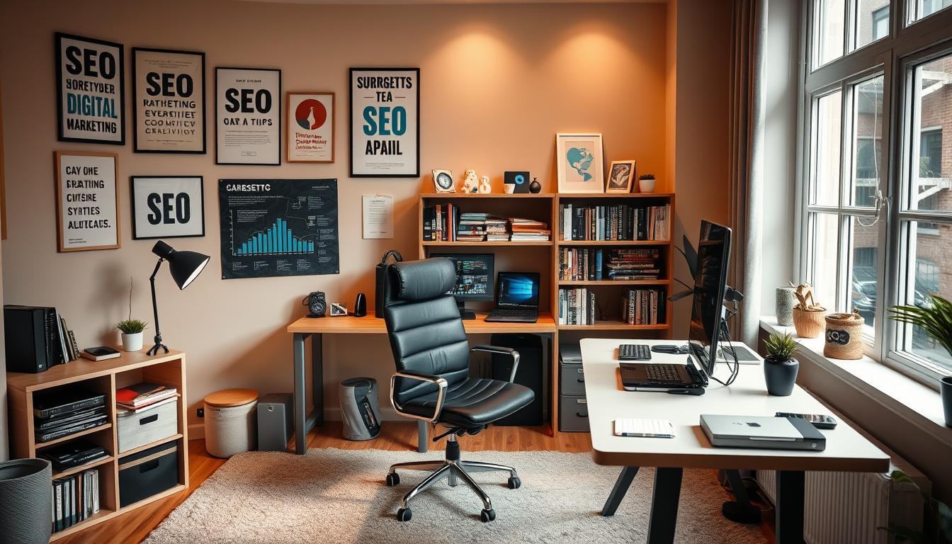 A cozy, well-lit home office with a sleek, modern desk and chair. On the desk, an array of seo tools and gadgets, including a laptop, tablet, and various software applications. The walls are adorned with inspirational posters and shelves filled with books on digital marketing and SEO strategies. Soft, ambient lighting creates a productive and focused atmosphere, while the large window allows natural light to flood the space. The overall scene conveys a sense of efficiency, organization, and a deep understanding of the latest seo tools and techniques.