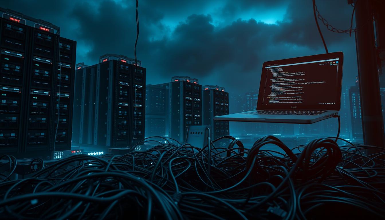A dark, ominous cityscape with towering data centers and servers, their digital heartbeats pulsing with sensitive information. In the foreground, a tangled web of exposed network cables and unsecured devices, vulnerable to malicious actors. The scene is bathed in an eerie, blue-tinged glow, casting long shadows and a sense of foreboding. Overhead, a hacker's laptop hovers, its screen displaying lines of code, a stark reminder of the constant threats lurking in the digital realm. The atmosphere is tense, emphasizing the urgent need for robust security measures to protect against the risks of data exposure.