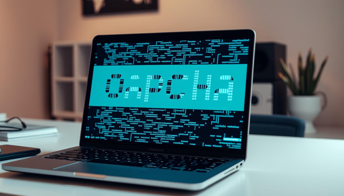 A detailed captcha image displayed on a modern laptop screen, set against a minimalist workspace backdrop. The captcha showcases a group of abstract shapes and lines, challenging the user to decipher the hidden pattern. Soft, directional lighting illuminates the scene, creating depth and emphasizing the captcha's visual complexity. The overall mood is one of focus and problem-solving, hinting at the challenges faced when navigating group buy platforms. The image should convey a sense of digital interaction and the need to overcome technical obstacles.