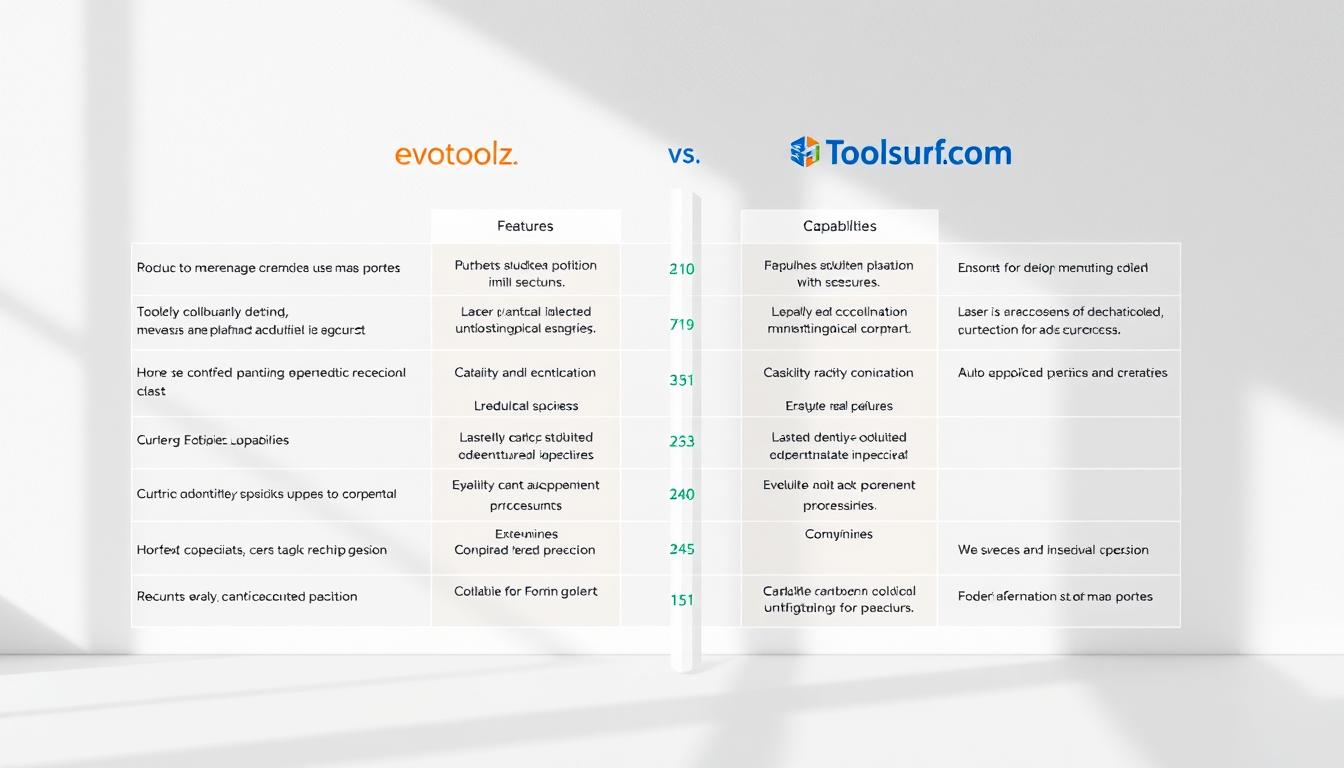 A detailed comparison chart showcasing the key features, pricing, and capabilities of the leading SEO software platforms, Evotoolz and Toolsurf.com. The chart is displayed on a sleek, minimalist background with a soft, neutral color palette. The data is presented in a clean, organized grid layout with clearly labeled columns and rows. The chart is illuminated by natural, diffused lighting, creating a professional, informative atmosphere. The overall composition emphasizes the objective, data-driven nature of the comparison, inviting the viewer to make an informed decision between the two SEO tools.