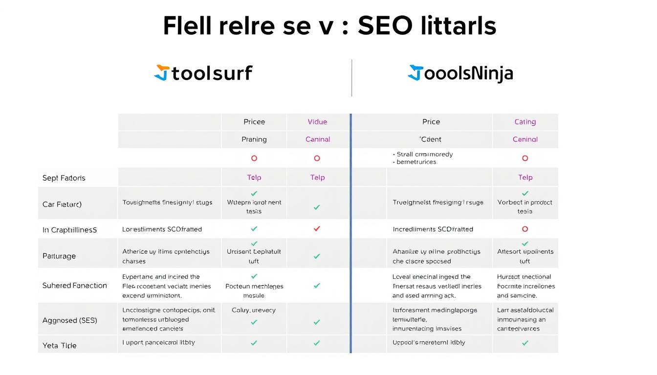 A detailed comparison chart showcasing the key features, pricing, and capabilities of the leading SEO tools, Toolsurf and ToolsNinja. The chart is presented against a clean, minimalist background with a subtle grid pattern, allowing the information to take center stage. The data is neatly organized into clear columns and rows, with icons and visual cues to quickly highlight the differences between the two products. The overall aesthetic is professional, informative, and designed to help the viewer make an informed decision at a glance. The lighting is soft and diffused, creating a sense of clarity and focus on the content.