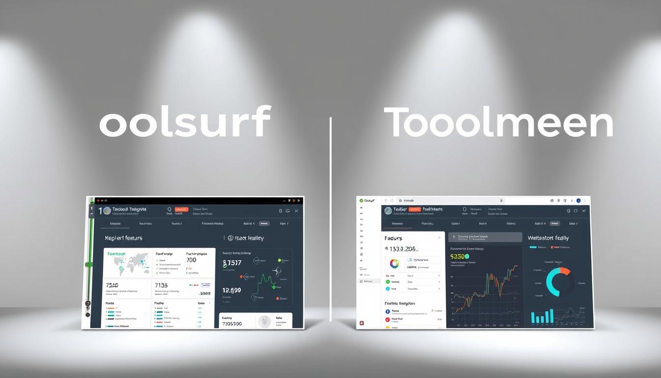 A detailed comparison of industry-leading SEO tools Toolsurf and Toolsmeen, showcased in a sleek, minimalist presentation. The foreground features clean, side-by-side visualizations of the tools' key features and performance metrics, presented against a sophisticated backdrop of subtle geometric patterns and muted tones. The middle ground highlights seamless integration and workflow automation, while the background subtly conveys a sense of analytical depth and data-driven insights. Crisp lighting accentuates the tools' intuitive interfaces and robust analytical capabilities, conveying a professional, trust-inspiring atmosphere suitable for a comprehensive SEO tool analysis. Prompt