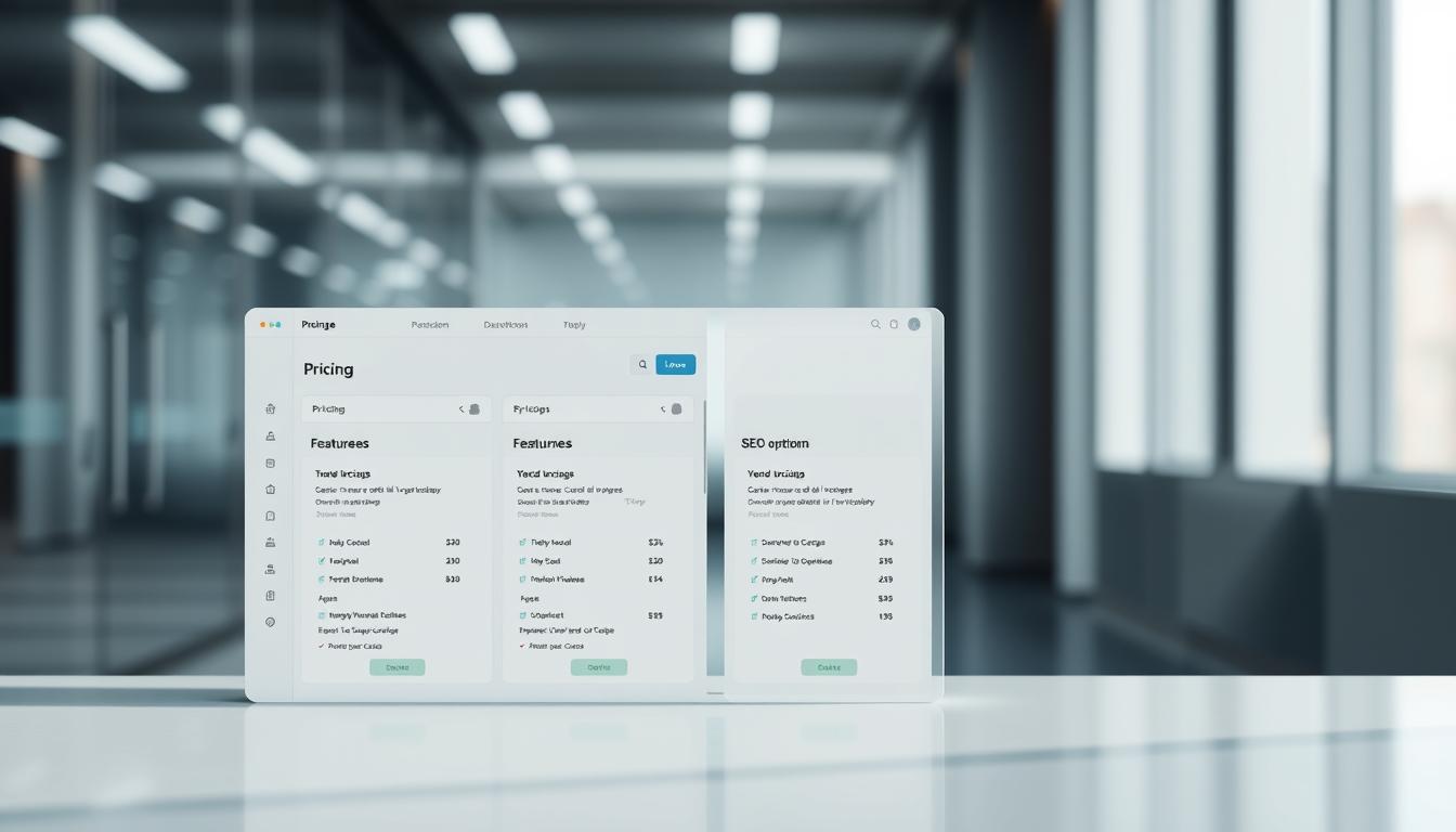A detailed comparison of pricing for various SEO tools, showcased in a sleek and modern digital interface. In the foreground, a minimalist dashboard displays side-by-side pricing breakdowns for popular SEO software, with clean typography and thoughtfully arranged data visualizations. The middle ground features elegant product cards, allowing users to easily compare features and costs. The background is a softly blurred, high-tech environment, evoking a sense of professionalism and authority. Subtle gradients and muted tones create a polished, premium aesthetic. Lighting is natural and diffused, with strategic highlights drawing the eye to key information. The overall composition strikes a balance between functionality and visual appeal, inviting the viewer to engage with the pricing details. "pricing seo tools"