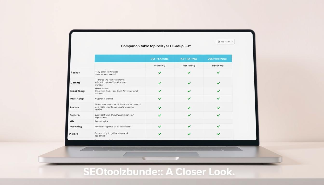 A detailed comparison table showcasing the key features, pricing, and user ratings of the top SEO group buy tools. The table is displayed on a sleek, minimalist interface with a clean, modern aesthetic. The background is a soft, neutral tone, allowing the table to take center stage. The lighting is soft and diffused, creating a warm, inviting atmosphere. The table itself is presented in a clear, organized manner, with crisp, legible text and well-defined columns. The overall impression is one of professionalism and attention to detail, perfectly suited to illustrate the "SEOtoolzbundle: A Closer Look" section of the article. Prompt