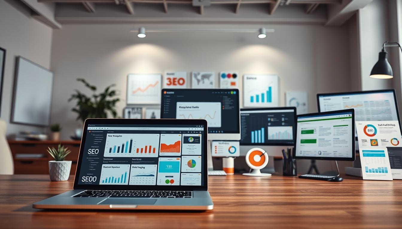 A detailed, contemporary office scene showcasing a diverse array of SEO tools. In the foreground, a sleek laptop displays various analytics dashboards and keyword research interfaces. Midground features an array of digital marketing tools, including SEO auditing software, rank tracking applications, and content optimization platforms. The background depicts a minimalist workspace with clean lines, neutral tones, and subtle lighting, creating a professional and focused ambiance. The overall composition conveys a comprehensive, tech-savvy approach to search engine optimization.