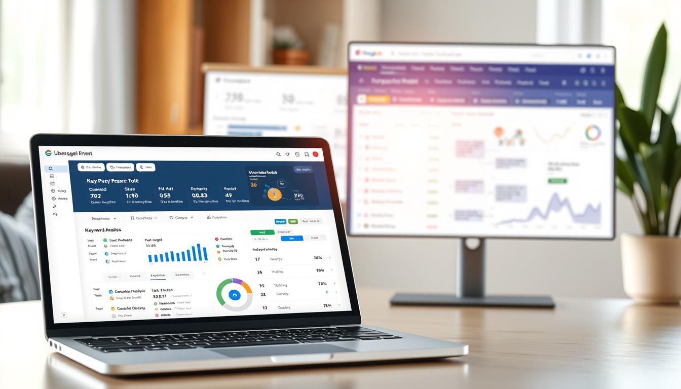 A detailed, high-resolution image of the Ubersuggest SEO features, showcasing a clean, intuitive user interface. In the foreground, a laptop screen displays the keyword research dashboard, with various metrics and data visualizations. In the middle ground, the site audit tool is highlighted, offering comprehensive insights and recommendations. In the background, the competitor analysis module is visible, revealing detailed intelligence on industry rivals. The scene is illuminated by soft, natural lighting, creating a professional and trustworthy atmosphere. The overall composition emphasizes the powerful analytical capabilities of the Ubersuggest platform, making it an ideal tool for modern digital marketing.