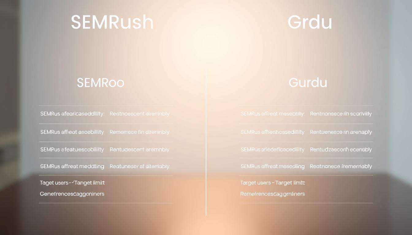 A detailed side-by-side comparison of SEMRush Pro and Guru plans, showcased in a sleek, minimalist style. The foreground depicts the key plan details, such as pricing, feature limits, and target users, presented in a clean, infographic-like layout. The middle ground highlights subtle icons and illustrations to visually distinguish the plan differences. The background features a soft, blurred gradient in complementary tones, creating a modern, professional atmosphere. Precise lighting accentuates the clean lines and crisp visual hierarchy, guiding the viewer's focus to the essential plan comparison. The overall composition conveys a sense of clarity and utility, well-suited to illustrate the section on "SEMRush Pro vs Guru at a glance".