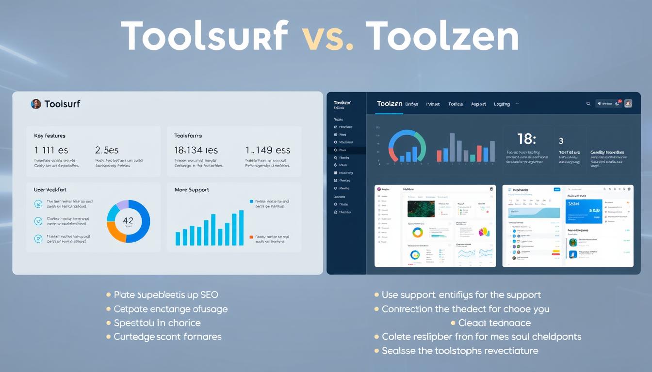A detailed side-by-side comparison of Toolsurf and Toolzen SEO tools, showcased on a sleek, minimalist dashboard. The foreground features elegant data visualizations and infographics highlighting the key features, performance metrics, and user support capabilities of each platform. The middle ground presents the tools in use, with clean UI mockups and seamless workflow interactions. The background evokes a professional, technology-driven atmosphere with subtle gradients and geometric patterns, creating a visually striking and informative illustration.