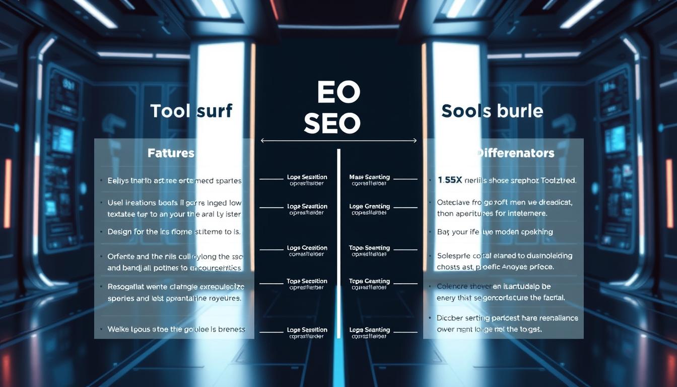 A detailed side-by-side comparison of popular SEO tools - Toolsurf and SEOtoolzbundle - in a sleek, futuristic digital interface. The foreground showcases the key features and metrics of each tool, presented with clean typography and infographic-style data visualizations. The middle ground highlights the unique strengths and differentiators, drawing the viewer's attention to the superior capabilities of Toolsurf. The background depicts a sophisticated, tech-forward environment with holographic displays and minimalist design, conveying a sense of innovation and progress. Soft, cool-toned lighting creates a professional, authoritative atmosphere. The image should feel informative, visually striking, and geared towards a tech-savvy audience. Prompt