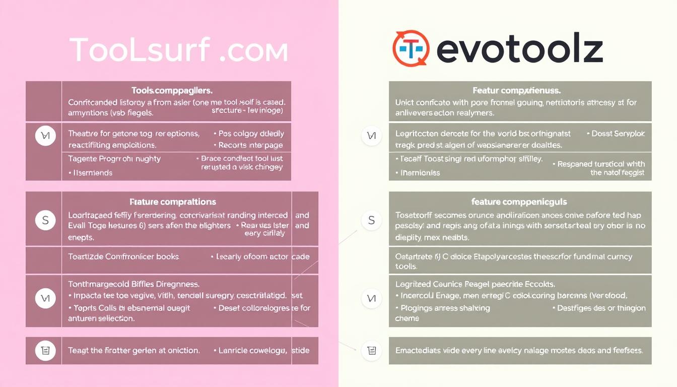 A detailed, side-by-side feature comparison of two popular SEO tools, Toolsurf.com and Evotoolz, on a sleek, modern interface. The image should feature a clean, minimalist design with a light, airy atmosphere. Showcasing the key functionalities and capabilities of each tool in a clear, organized manner, allowing for easy visual comparison. The layout should be well-balanced, with a focus on presenting the information in a visually appealing and informative way. The overall mood should convey a sense of professionalism and authority, reflecting the high-quality content of the article.