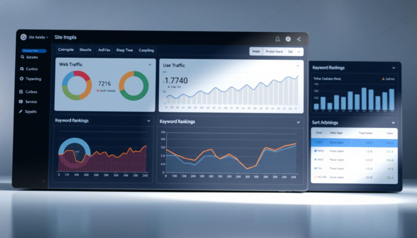 A detailed site analysis dashboard with key performance metrics displayed on a sleek, modern interface. The foreground showcases a series of interactive graphs and charts, providing insights into web traffic, user engagement, and keyword rankings. The middle ground features a sidebar with customizable filters and sorting options, allowing for deeper analysis. The background depicts a subtle geometric pattern, creating a clean, professional aesthetic. Crisp lighting highlights the various data visualizations, conveying a sense of clarity and precision. The overall scene exudes a tech-savvy, data-driven atmosphere, perfectly suited for a comprehensive website analysis tool.