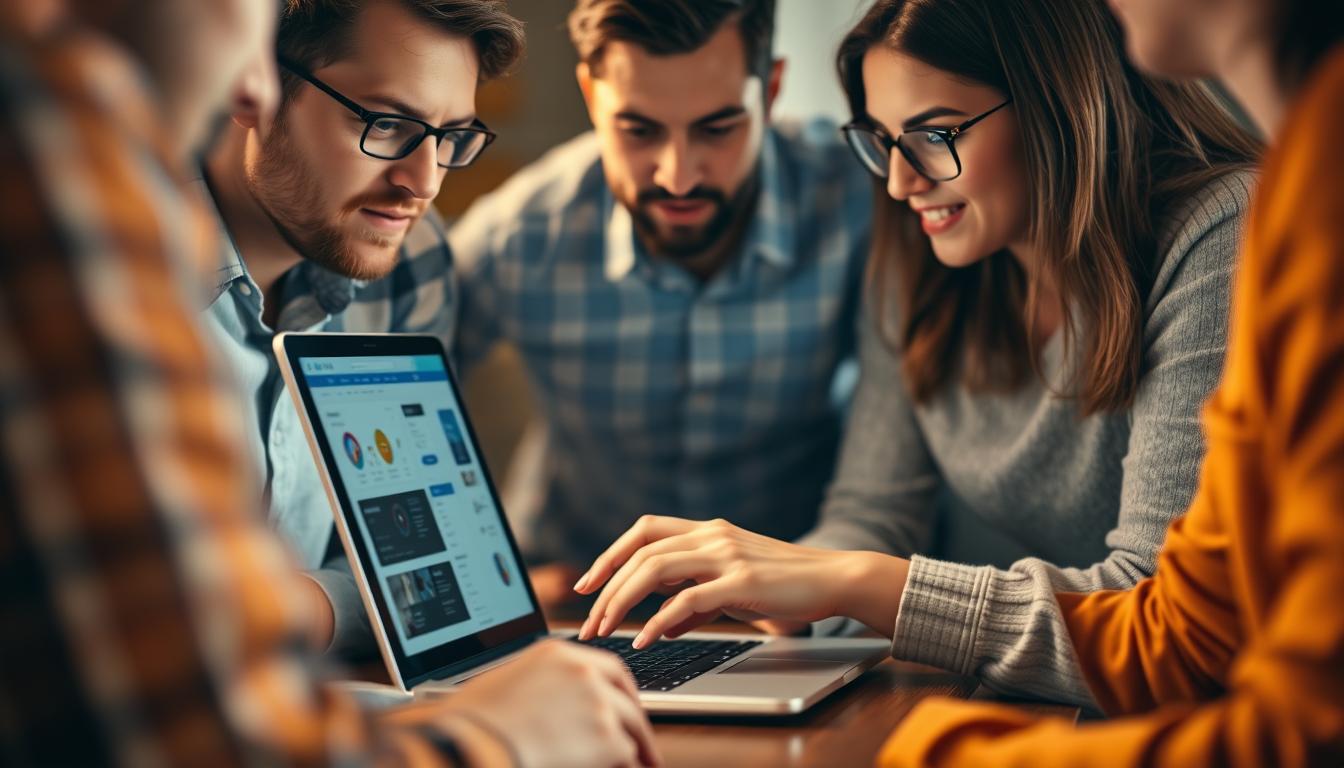 A detailed, well-lit close-up view of a group of people gathered around a laptop, discussing and examining various SEO tools on the screen. The foreground shows their focused expressions, while the middle ground depicts the laptop's display showcasing different software interfaces. The background blurs to emphasize the subject, creating a sense of concentration and collaboration. The lighting is warm and natural, conveying a sense of professionalism and trust in the tools being reviewed.