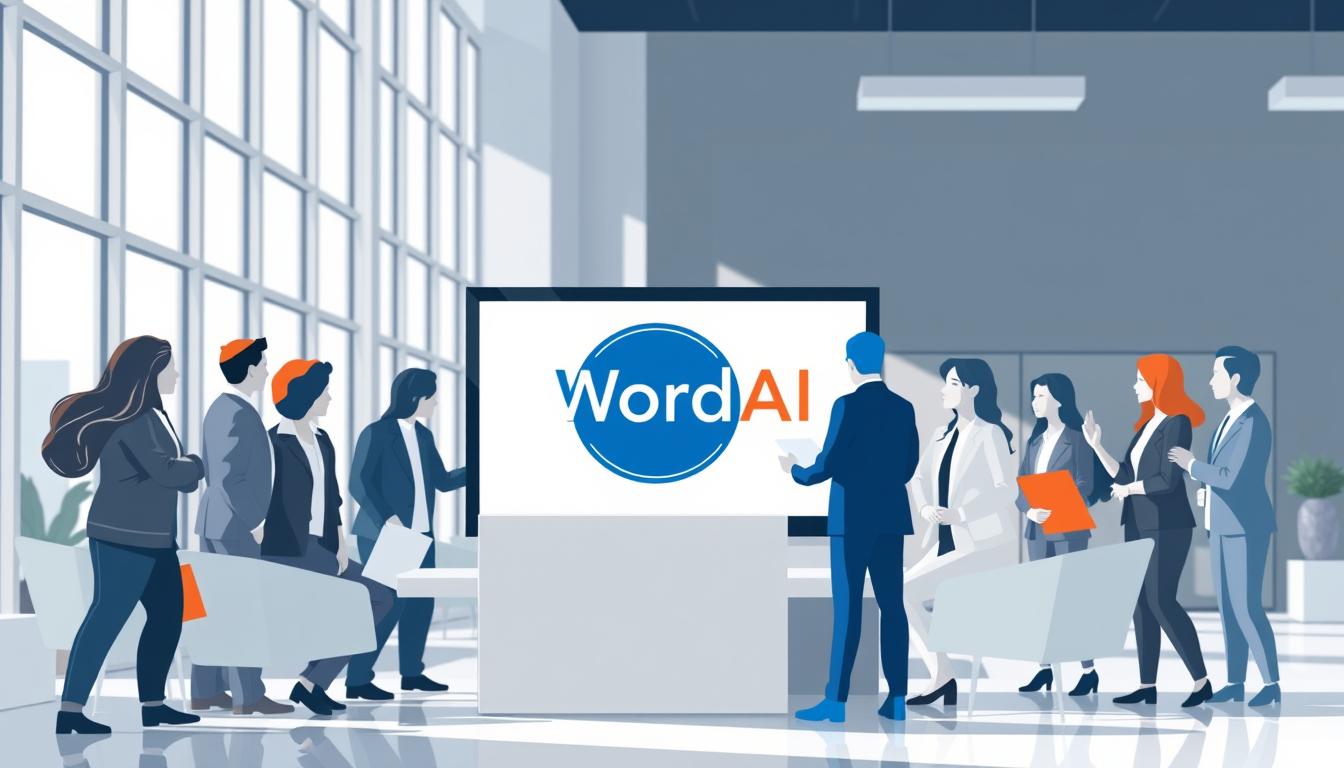 A digital illustration of a group of business people gathered around a laptop, with a prominent WordAI logo on the screen. The scene is set in a modern, minimalist office space, with large windows allowing natural light to flood the room. The figures are posed in a collaborative, engaged manner, suggesting the excitement and efficiency of a WordAI group buy. The color palette is a harmonious blend of blues, grays, and whites, creating a sense of professionalism and security. The overall composition is balanced and visually striking, drawing the viewer's attention to the central focus of the WordAI software.