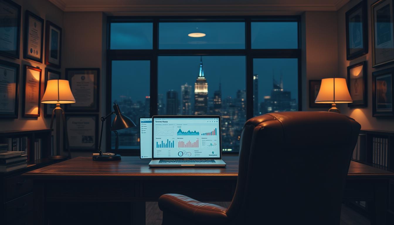 A dimly lit office interior, with a sturdy oak desk and leather armchair in the foreground. The walls are adorned with framed certificates and awards, conveying a sense of professionalism and authority. Dim lamps cast a warm glow, creating a cozy and secure atmosphere. In the middle ground, a laptop sits open, displaying a security dashboard with graphs and data visualizations. The background features a large window, providing a glimpse of a city skyline at night, reinforcing the idea of safety and protection. The overall scene evokes a sense of reliability, trustworthiness, and attention to detail in the realm of cybersecurity. A dimly lit office interior, with a sturdy oak desk and leather armchair in the foreground. The walls are adorned with framed certificates and awards, conveying a sense of professionalism and authority. Dim lamps cast a warm glow, creating a cozy and secure atmosphere. In the middle ground, a laptop sits open, displaying a security dashboard with graphs and data visualizations. The background features a large window, providing a glimpse of a city skyline at night, reinforcing the idea of safety and protection. The overall scene evokes a sense of reliability, trustworthiness, and attention to detail in the realm of cybersecurity.