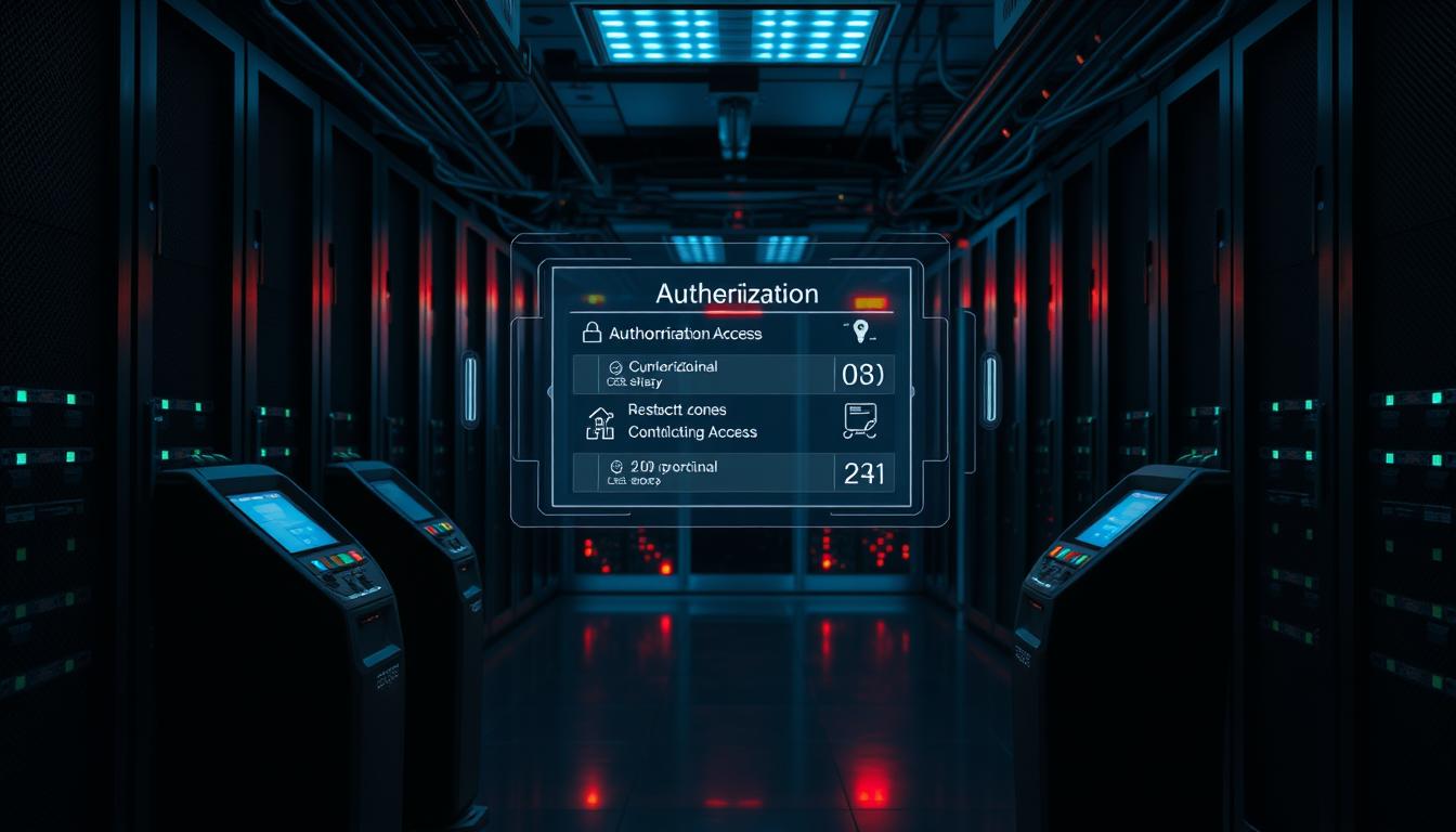 A dimly lit, secure server room with access terminals and authentication devices in the foreground. The middle ground features a holographic interface displaying authorization levels and restricted access zones. In the background, a network of glowing cables and blinking lights suggest a complex, high-security infrastructure. The scene conveys a sense of controlled access, compliance, and the importance of maintaining information security.
