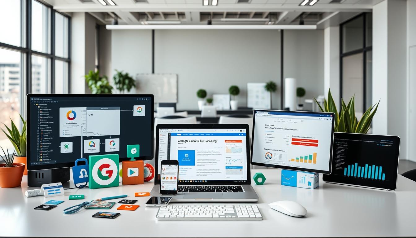 A diverse array of SEO tools arranged on a sleek, minimalist desktop setup. In the foreground, various software icons and web browser windows showcase the capabilities of group buy tools - keyword research, link building, content optimization, and analytics. The middle ground features a laptop, smartphone, and tablet, hinting at the cross-device accessibility of these shared resources. The background depicts a modern, airy office space with large windows, potted plants, and subtle lighting, creating a professional and productive atmosphere. The overall scene conveys the efficiency, collaboration, and cost-effectiveness of leveraging group buy SEO tools to elevate an agency's digital marketing efforts.