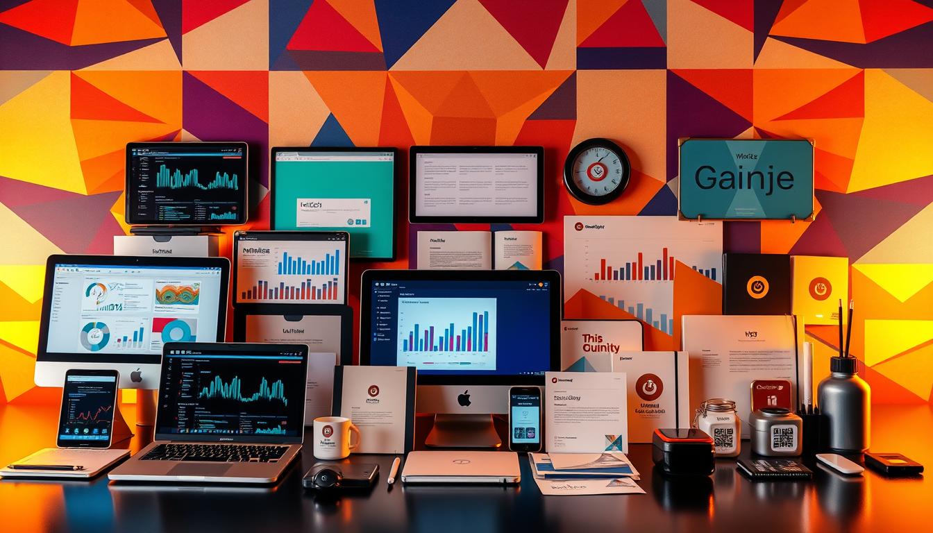 A diverse array of marketing tools arranged in a visually striking composition. In the foreground, an assortment of digital devices and gadgets - laptops, tablets, smartphones - each showcasing various software interfaces and analytics dashboards. In the middle ground, tangible tools like branded stationery, printed collateral, and promotional items create a tactile element. The background features a vibrant, abstract pattern of geometric shapes and gradients, evoking the dynamic, interconnected nature of modern marketing strategies. Warm, directional lighting casts shadows and highlights the textures and materials, creating depth and dimensionality. The overall mood is one of innovation, sophistication, and the seamless integration of both digital and physical marketing tools. diverse marketing tools