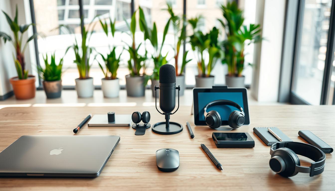 A diverse assortment of digital tools arranged in a well-lit, modern office setting. In the foreground, a sleek laptop, a minimalist mouse, and a high-quality microphone sit atop a clean, wooden desk. In the middle ground, a tablet, a stylus, and a pair of noise-cancelling headphones are neatly displayed. The background features a row of tall, potted plants and a large, floor-to-ceiling window, allowing natural light to flood the space. The overall atmosphere is one of productivity, efficiency, and technological integration, perfectly capturing the "Diverse Tools Available Through Toolsurf".