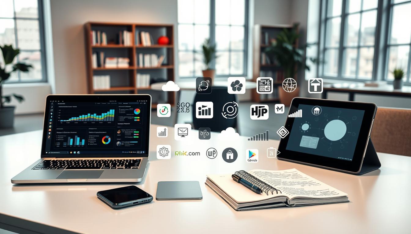 A diverse collection of SEO and AI tools arranged on a sleek, modern desk. In the foreground, a laptop displays analytical dashboards, while next to it sits a smartphone, tablets, and a notebook filled with handwritten notes. In the middle ground, various software icons and logos are neatly organized, hinting at the comprehensive suite of digital marketing solutions. The background features a minimalist, well-lit office setting, with large windows letting in natural light and a bookshelf filled with industry-relevant literature. The overall atmosphere conveys a sense of productivity, innovation, and the seamless integration of cutting-edge technology into the workflow. Prompt