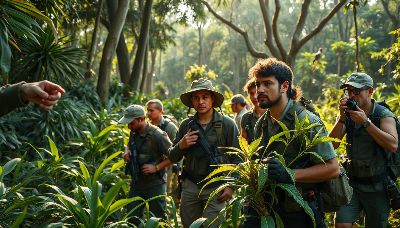 A diverse group of jungle explorers, dressed in tactical gear, navigates a lush, verdant landscape. Sunlight filters through the canopy, casting a warm, golden glow on the scene. In the foreground, a skilled team leader points towards a distant clearing, guiding the expedition. In the middle ground, a botanist examines a rare plant specimen, while a wildlife photographer captures the moment on camera. The background is filled with towering trees, twisted vines, and the distant call of exotic birds. The group's focused expressions and coordinated movements convey a sense of professionalism and preparedness, perfectly suited for the challenges of the jungle environment. Jungle scout group
