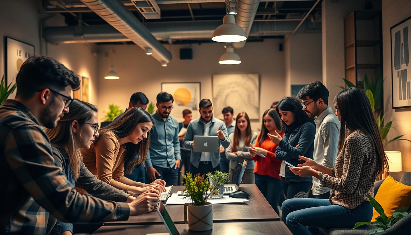 A diverse group of people gathered in a cozy, well-lit office setting, engaged in lively discussions and collaborations. In the foreground, a team of young professionals lean over a table, scrutinizing data and sharing insights. The middle ground features a mix of individuals, some typing furiously on laptops, others gesturing animatedly as they present ideas. The background showcases a vibrant, modern workspace with sleek furniture, plants, and inspirational artwork on the walls, conveying a sense of productivity and innovation. Warm, natural lighting casts a welcoming glow, while the overall atmosphere exudes a spirit of teamwork, creativity, and shared purpose. group buy users