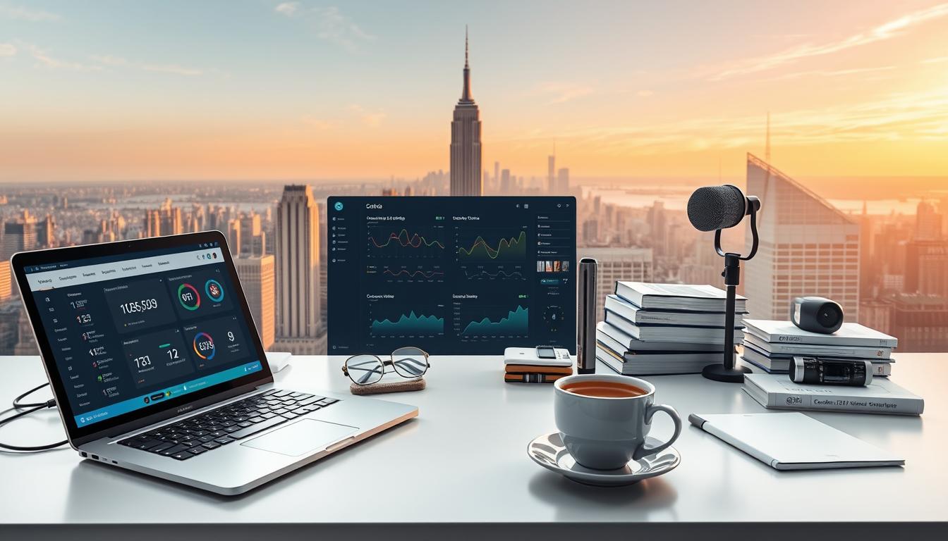 A diverse suite of AI-powered SEO and content creation tools, meticulously arranged on a sleek, minimalist desk. In the foreground, a state-of-the-art laptop displays a dashboard of customizable analytics and optimization features. Surrounding it, an array of specialized devices - a high-resolution scanner, a digital drawing tablet, and a sophisticated voice recorder. In the middle ground, a stack of reference books and a cup of steaming coffee hint at the depth of research and strategy involved. The background showcases a panoramic city skyline, bathed in warm, golden light, conveying a sense of productivity, innovation, and limitless potential.