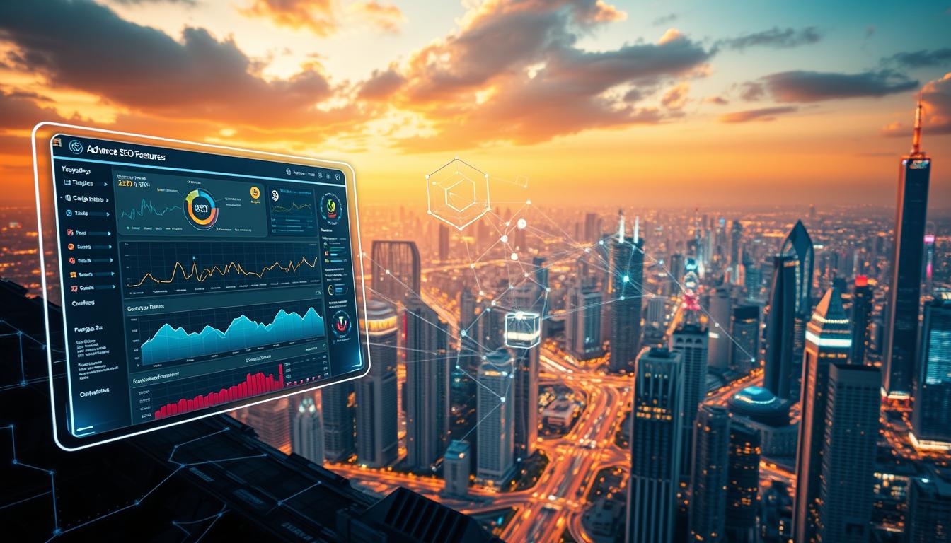 A futuristic digital landscape with advanced SEO features. In the foreground, a sleek, holographic dashboard displays analytics, keyword trends, and optimization recommendations. In the middle ground, a network of interconnected nodes and data streams visualizes complex algorithms. The background features a vibrant cityscape with skyscrapers and holograms, conveying a sense of technological innovation and progress. Warm lighting creates a dynamic, immersive atmosphere, while the camera angle suggests a bird's-eye view, emphasizing the comprehensive nature of the SEO features. The overall scene evokes a sense of power, precision, and automation - the future of search engine optimization. Alt-text: Advanced SEO features