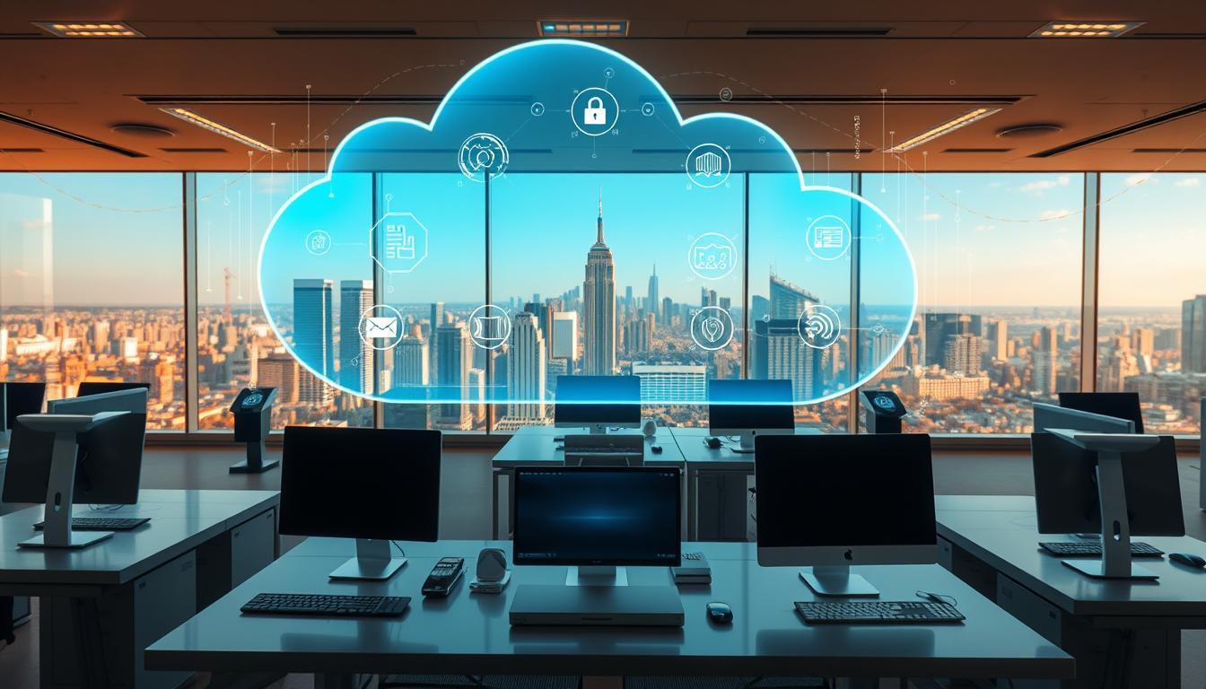 A futuristic, secure cloud-based workspace with intuitive toolsurfing controls. The foreground features a holographic display projecting a clean, minimalist interface with seamless access to a suite of digital tools. The mid-ground showcases sleek, metallic desktops and workstations in a bright, airy office setting. The background depicts a panoramic view of a bustling city skyline through floor-to-ceiling windows, bathed in warm, directional lighting that casts dramatic shadows. The overall atmosphere conveys a sense of efficiency, modernity, and effortless productivity.