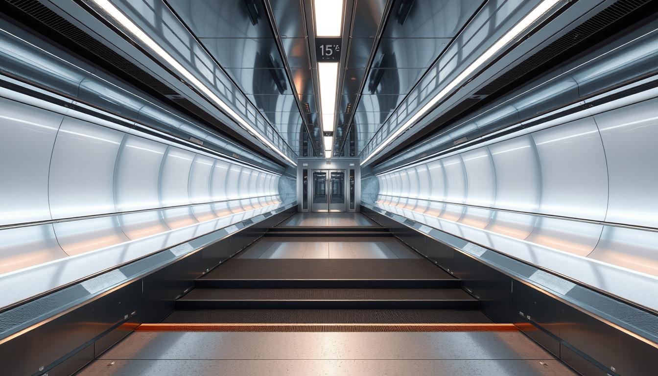 A futuristic, well-lit platform with a sleek, minimalist design. Gleaming steel and glass surfaces reflect the soft, ambient lighting, creating an atmosphere of modern sophistication. A wide, gently sloping ramp leads up to the platform, inviting users to effortlessly access the space. The platform is spacious and uncluttered, with strategically placed seating areas and discreet access points. The overall impression is one of efficiency, accessibility, and a seamless user experience.